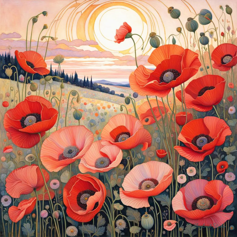 «Golden Bloom Horizon - Radiant Red Poppies», art mural sur toile