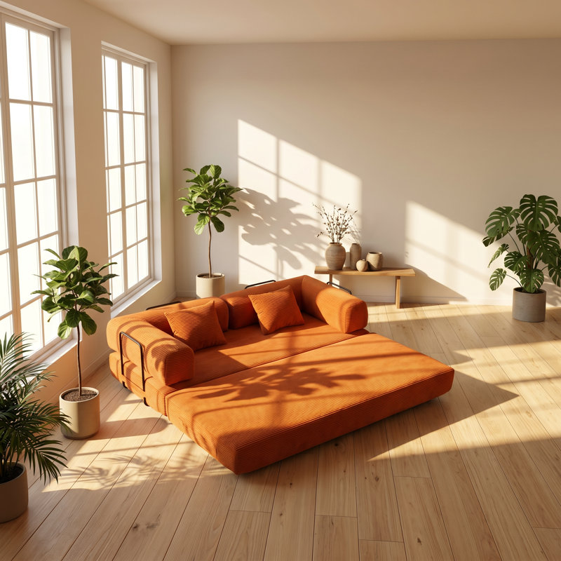 Towin 77.95" W x 35.43" D x 26.77" H Corduroy Convertible Sleeper Sofa Bed, Foam, Orange Corduroy