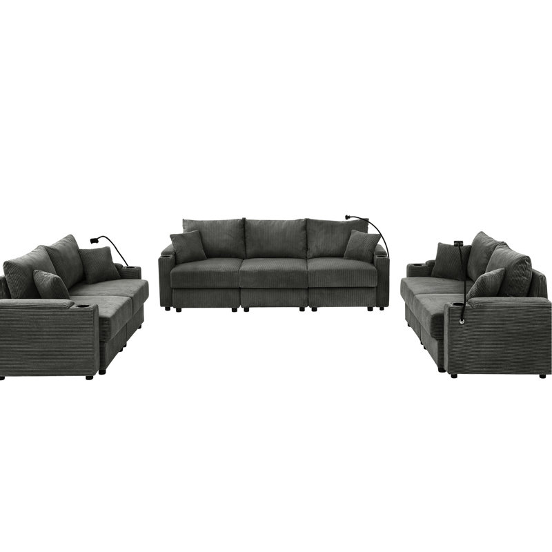 Modern Living Room , 7 Seats, Grey, Corduroy, 22.5in Deep Seat, Cup Holders & Storage Corduroy For Spacious Fibre Foam Filler, Breathable Upholstery, Elegant Design