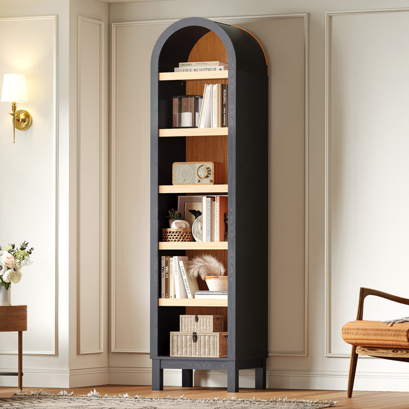 6-Tier Arched Storage Bookcase with 2 Adjustable Shelves,Wood Bookshelf Open Display Shelves for Living Room,Entryway,Bedroom,Rich Black and Light Honey,Assembly Require