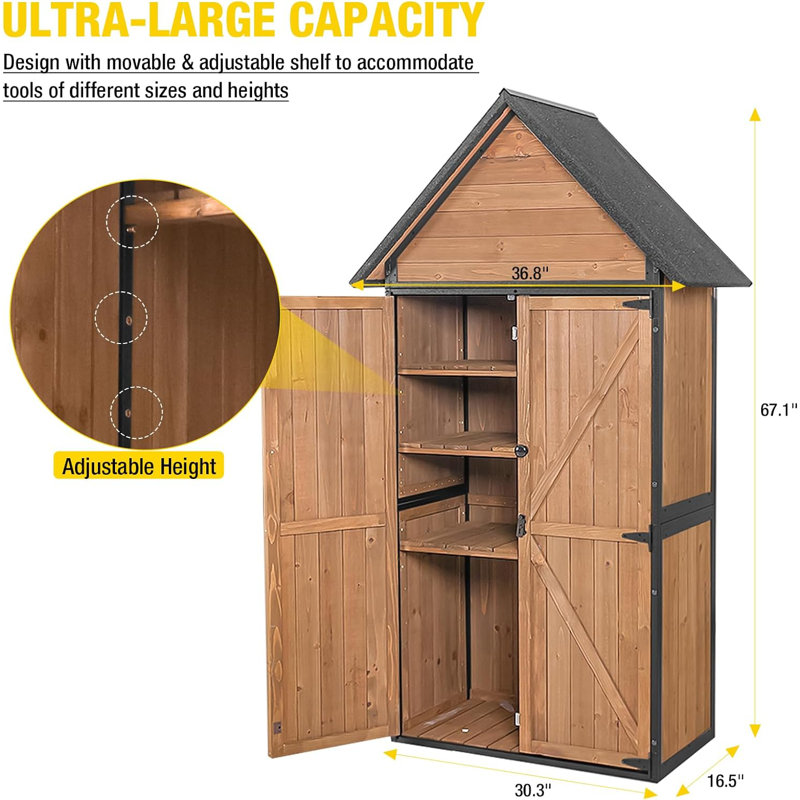 Brown Wooden Outdoor Storage Shed with Metal Frame and Shelving