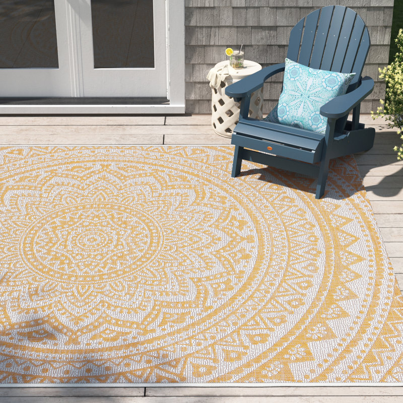Jordon 8734 Area Indoor/Outdoor Area Rug in Ivory/Gold, Rectangle 8' X 10'