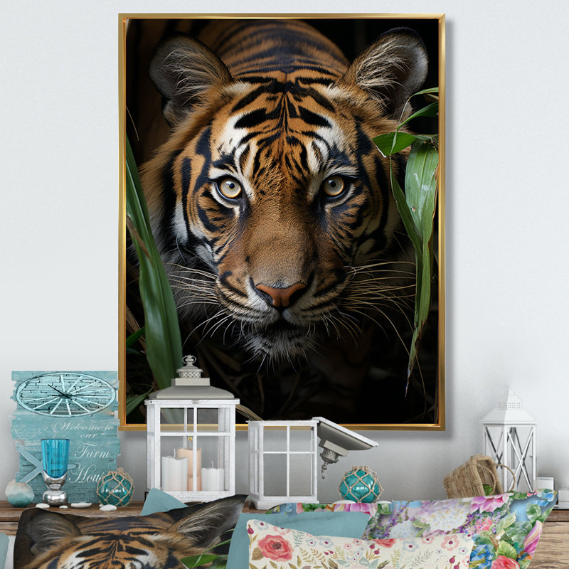 Tiger Portrait Vibrant - Animals Wall Decor, H 20 po x l 12 po x P 1 po, Cadre flottant doré