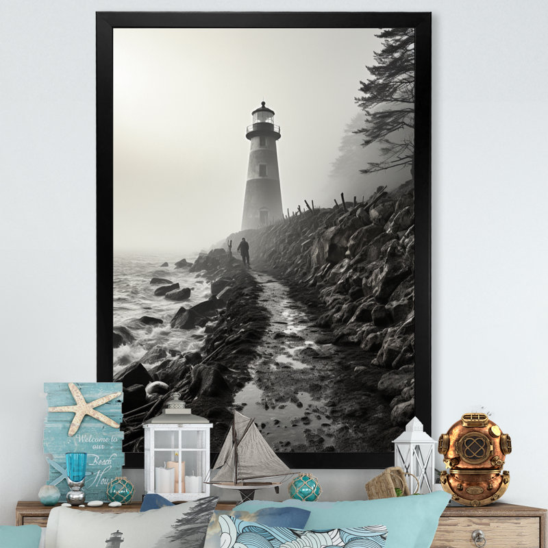 Phare Bansemer noir et blanc avec horizon brumeux, H 40 po x l 30 po x P 1,5 po, Cadre photo noir