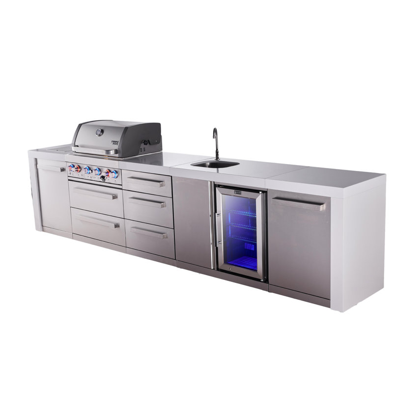 Mont Alpi Premium 4-burner 145" Deluxe Stainless Steel Island Modular Outdoor Kitchen Island Bbq Gas Grill + Beverage Center Faucet & Sink + Refrigerator + Storage Drawers & Cabinets + Rotisserie Kit