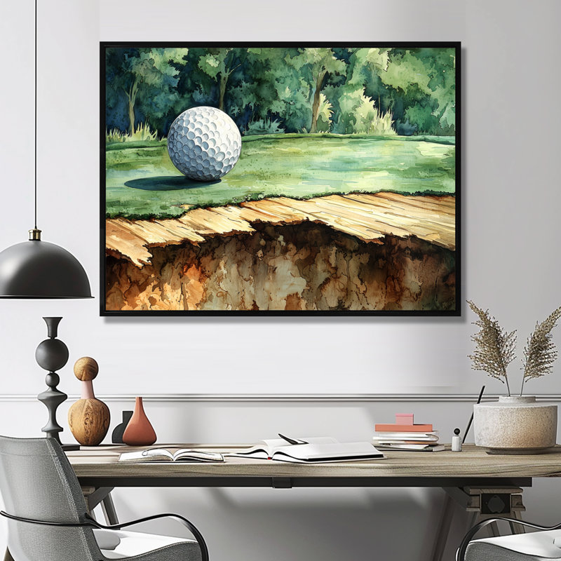«Chassing the pin», art mural de golf, H 12 po x l 20 po, Cadre flottant, Noir, noir, noir, noir