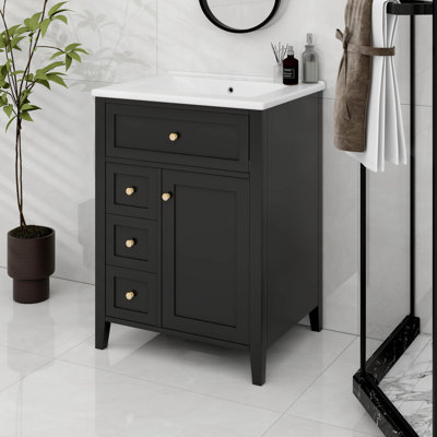 24" Bathroom Vanity With Top Sink, Drawers And  Flip Drawer, Adjustable Shelf