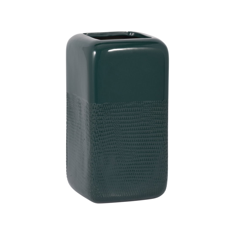 Stoneware Ceramic Vase with Textured Body and Rounded Rim Design, Green, 10" H x 5" W x 5" D