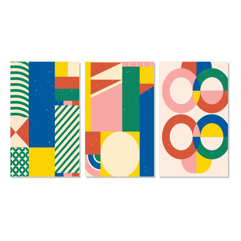 «Retro Abstract Minimal Colorful Geometrics I», ensemble d'art moderne Mid-Century de 3 pièces, H 28 po x l 36 po