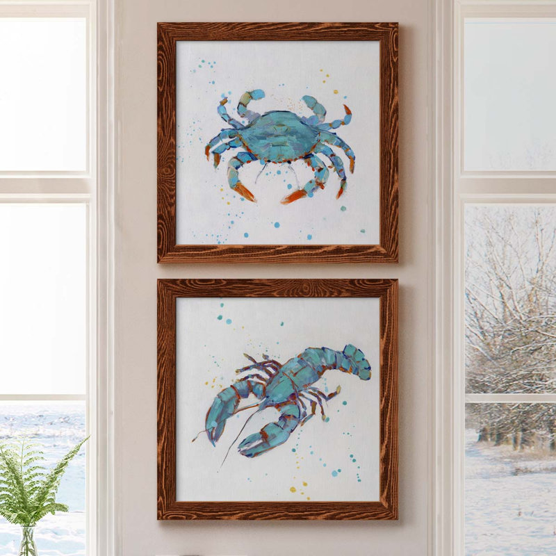 Bubble Blue Crab - Ensemble de 2 peintures sur toile encadrées, H 20 po x l 40 po x P 1,5 po, Cadre en érable
