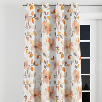 Boho Window curtains - Floral Orange And White Cherry Blossoms Velvet Grommet Curtain - 1 Panel