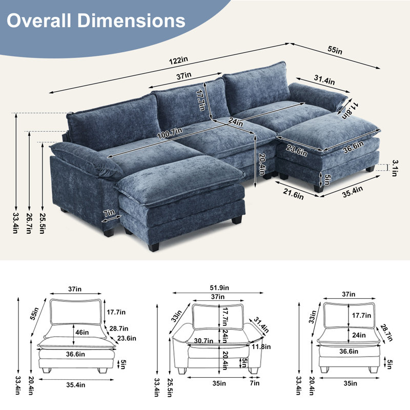 Latitude Run® 3-Seat Sectionals With 2 Ottoman, Gray Blue Chenille