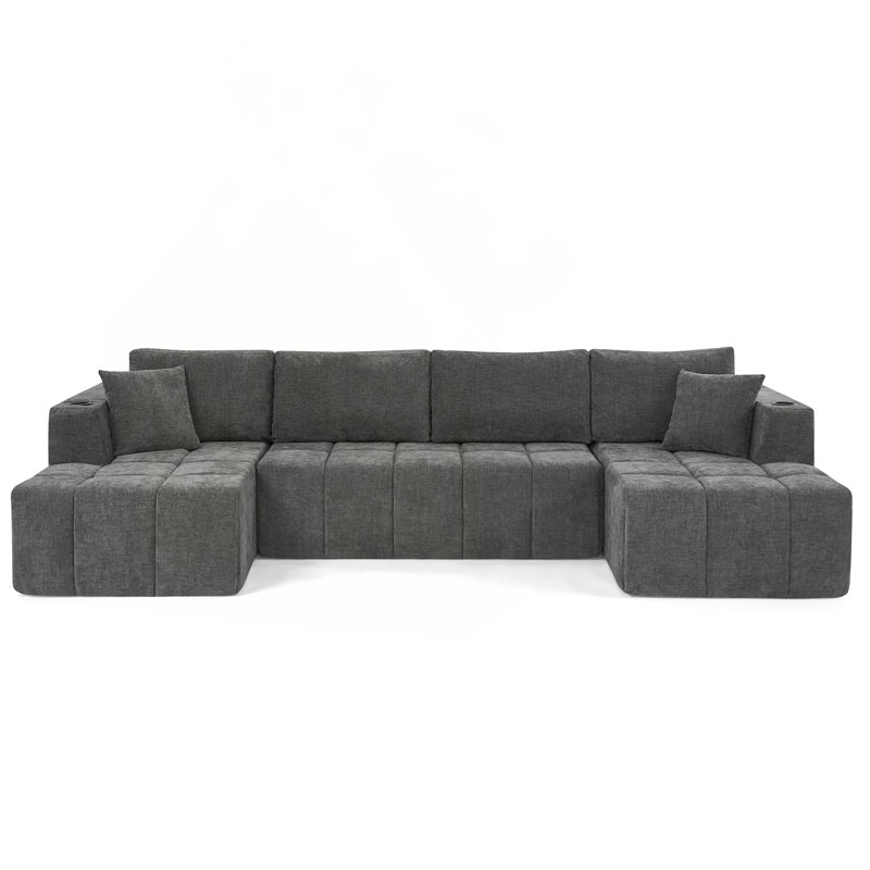 Canapé modulaire en U en chenille avec nuage et porte-gobelets, DARK GREY Chenille, DARK GREY