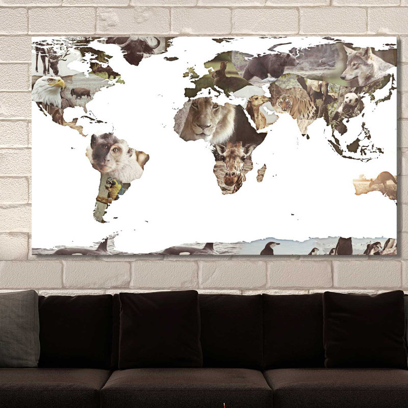 «World Animals Map», impression, H 18 po x l 30 po x P 1 po, Toile tendue