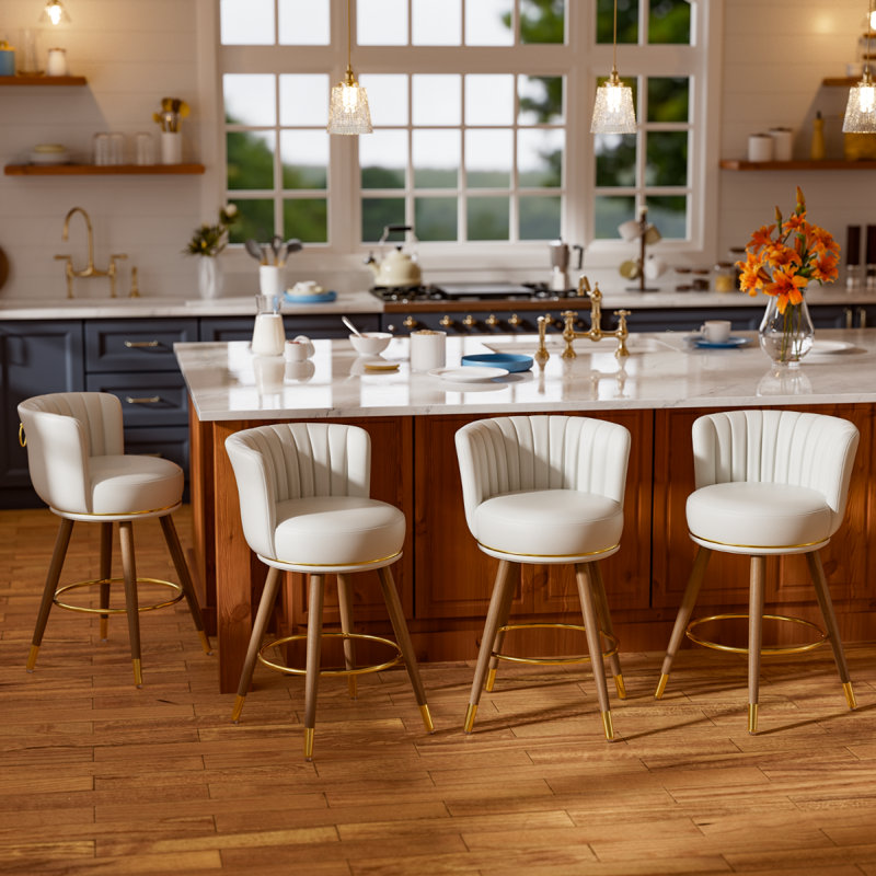 Anneli 24'' Swivel Counter Height Bar Stools Set of 4, White Counter Stools with Backs and Wood Legs for Kitchen Island, 4