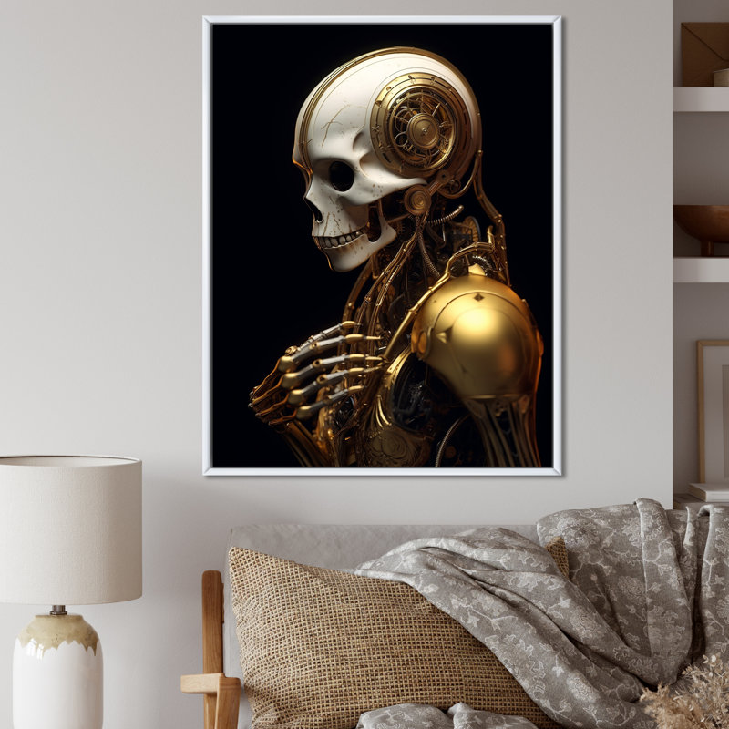 Robot doré doré sur toile, H 32 po x l 16 po x P 1 po, Cadre flottant blanc