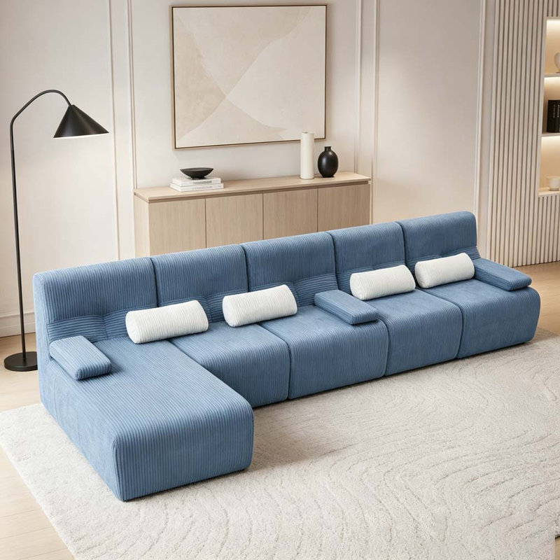 Canapé modulaire moderne en velours côtelé Canapé sans os, Blue+L-shaped+5 Seat