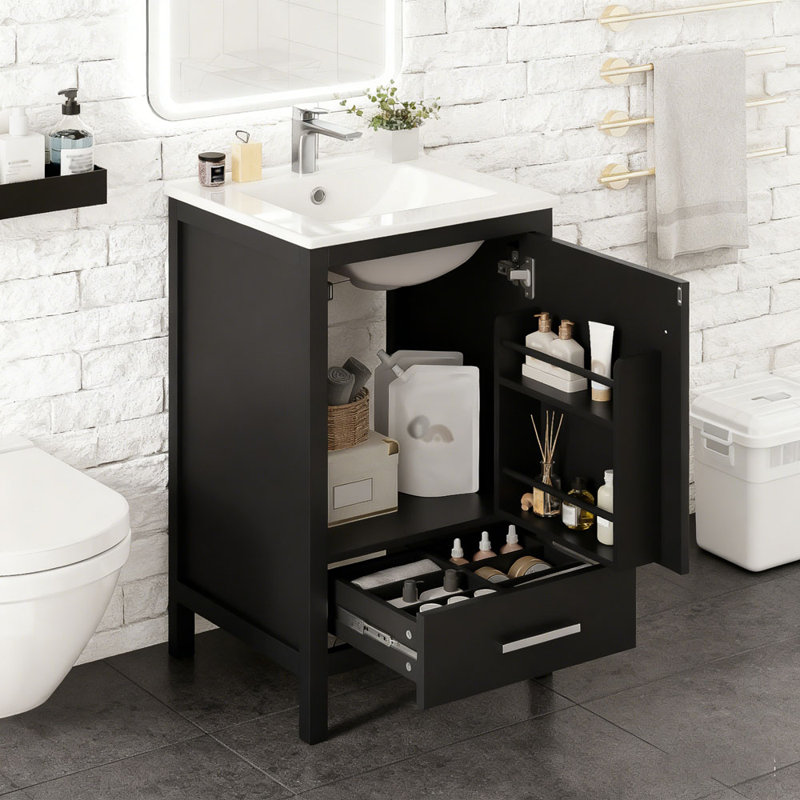 Meuble-lavabo moderne de 20 pouces avec lavabo en céramique et tiroir et porte à fermeture en douceur, Noir