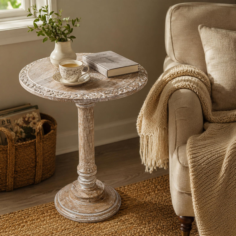 Table d'appoint sculptée en bois massif, table d'appoint rustique pour le salon, Round Floral Mandala Carved