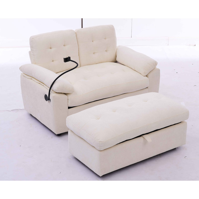 Fauteuil de loisir, fauteuil inclinable double, dossier réglable manuellement, accoudoirs rembourrés, port de charge USB latéral et support pour téléphone, livré avec un repose-pieds de rangement assorti