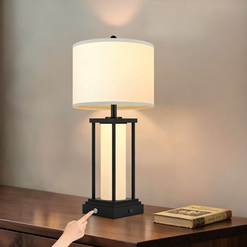 Lampe de table à intensité variable avec gradation continue et 3 températures de couleur, ports de charge USB A + C, conception à double éclairage, style campagnard noir moderne (ampoules incluses)