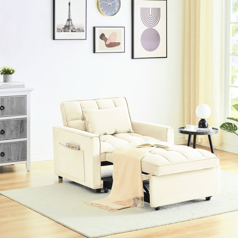 Lit convertible, blanc crème, revêtement en velours, dossier réglable, chaise de lit moderne pour bureau personnel, 1 siège, velours, structure en bois d'eucalyptus, espace de vie principal