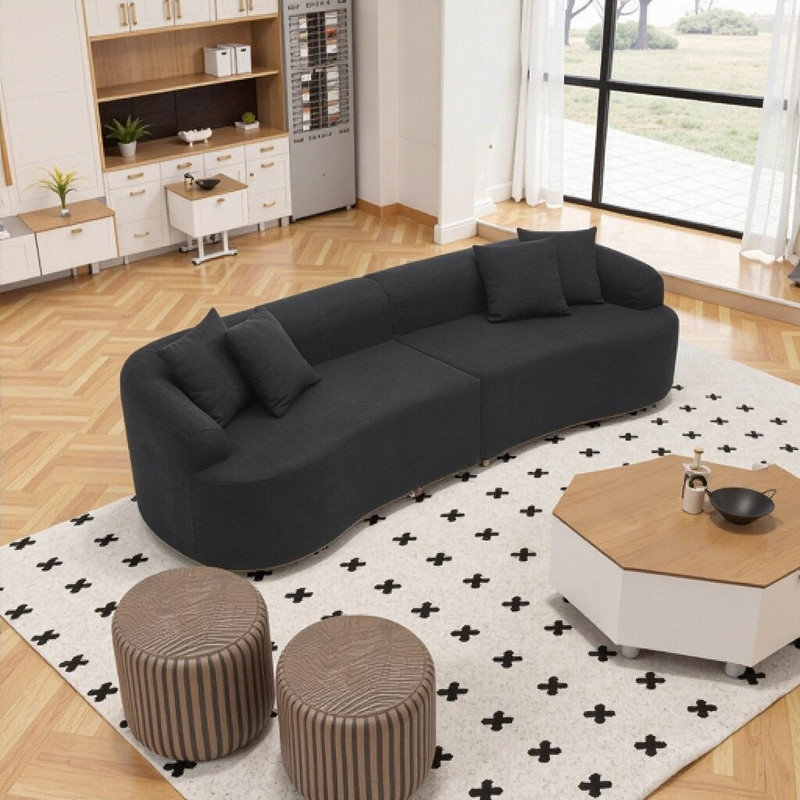 Canapé modulaire courbé en tissu de laine d'agneau, aucun assemblage requis, Noir