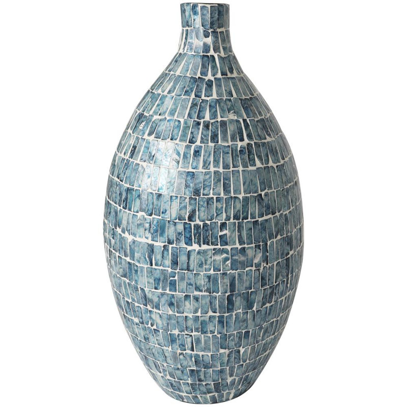 Mother of Pearl Shell Handmade Mosaic Inspired Decorative Vase, Blue, 21.8" H x 11.1" W x 11.05" D 