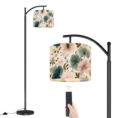 Lampe sur pied à arc avec abat-jour réglable aquarelle florale rose tendre, bleu, vert, fleurs, lampe sur pied, 3 températures de couleur, intensité variable, grand lampadaire avec interrupteur au pied pour la chambre à coucher