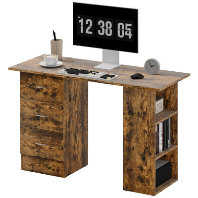 Industrial Rustic 120CM Computer Desk With 3 Drawers and Shelves