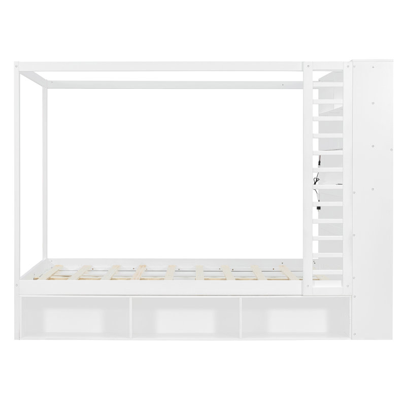 Lit à baldaquin en bois Queen Size avec tête de lit bibliothèque, prises USB et éclairage DEL RVB intelligent, lit plateforme avec rangement sous le lit, tiroir au pied du lit et garde-robe réversible