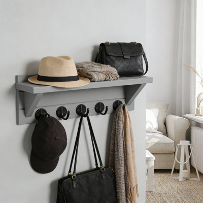 Rustic Wood Wall Key Holder With Shelf And Hooks, 13.7 Inch Entryway Organizer
