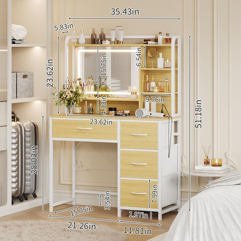 Bureau de coiffeuse avec miroir, coiffeuse de maquillage avec 3 lumières réglables, coiffeuse avec 4 tiroirs de rangement et tablettes ouvertes, coiffeuse avec station de charge, rangement moderne pour la chambre à coucher