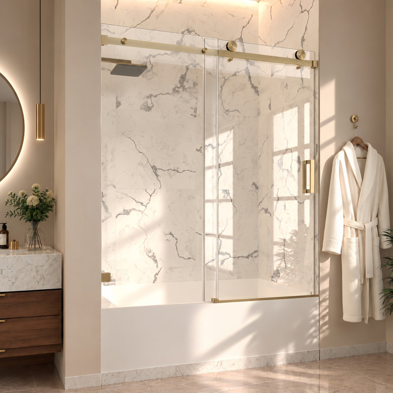 Serenity 56"-60''W x 72'' H Single Sliding Frameless Shower Door with 3/8"(10mm) Clear Glass in Brushed Bronze