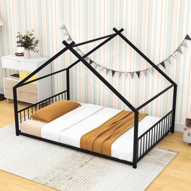 House Bed With Playhouse Design And Headboard, Full, Black