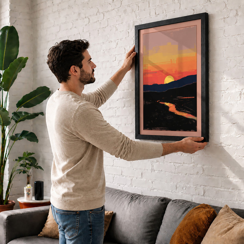 Golden Sunset Over Hills Modern - Print, Oak, A3 - 42.0 x 29.7 cm