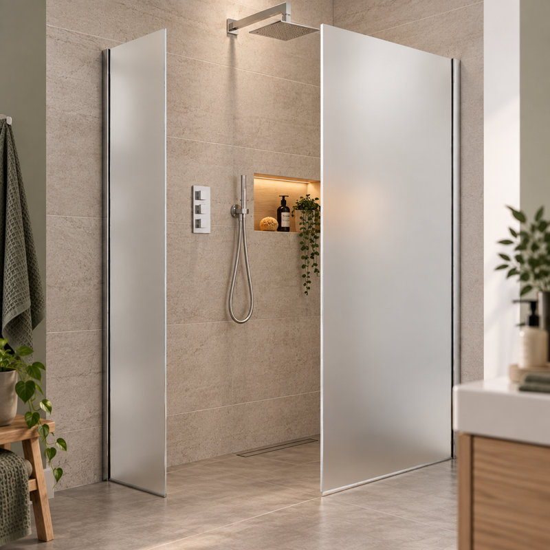 Foden Framed Fixed Glass Panel with Frosted Glass, 200cm H x 68cm W, Chrome