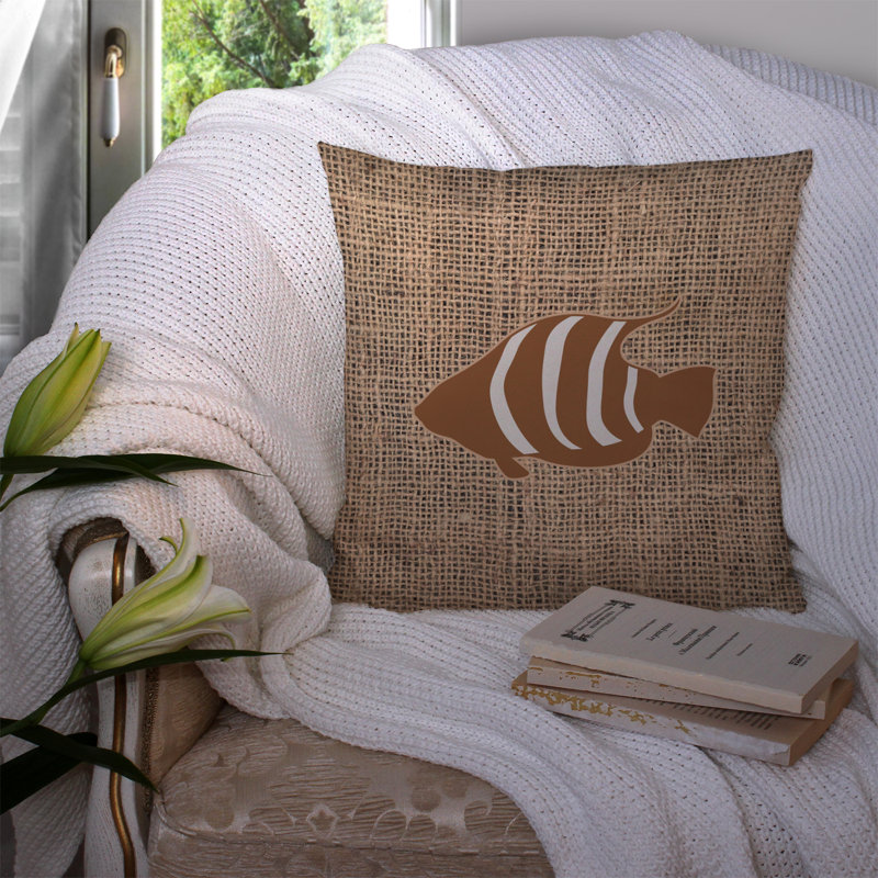 Coussin décoratif intérieur/extérieur fish en toile jute, H 14 po x l 14 po x P 4 po, Brun