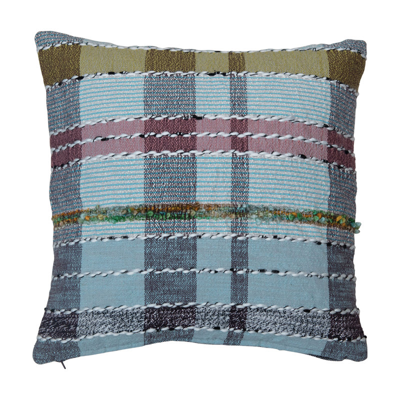 Woven Cotton And Wool Madras Plaid Pillow With Chambray Back