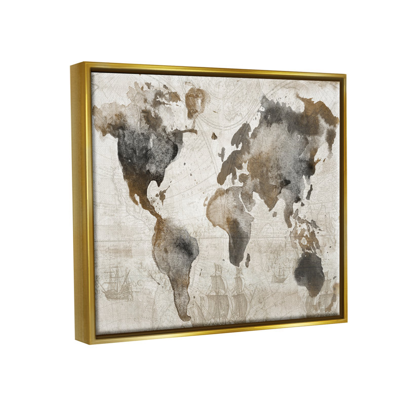 Carte du monde rétro vintage par Conrad Knutsen, impression, H 25 po x l 31 po x P 1,7 po, Cadre flottant métallique doré