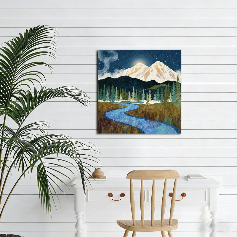 «Starry Night Snow Mountain», art mural en bois encastré ， 16 x 16