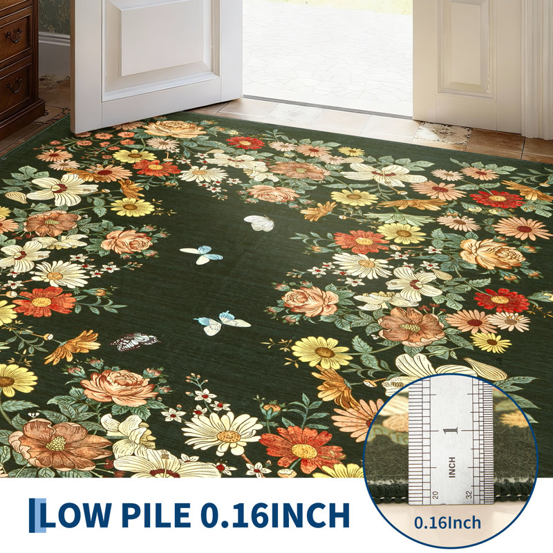 Garvee Vintage Floral Rug 4x6 Washable Rug with Non Slip TPR Rubber Backing, Indoor Botanical Carpets, Soft Thin Non Shedding Floor Covering, Low Pile Foldable Mats for Nursery Dining Room, Green