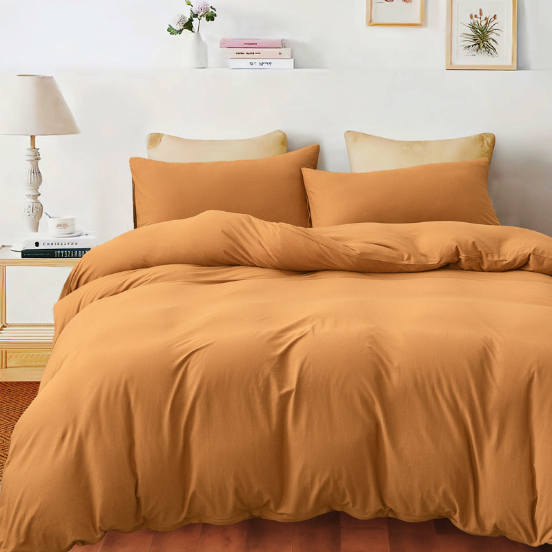 HOME BEDDING Jersey Cotton Duvet Cover Set, King Duvet Cover + 2 King Shams, Burnt Orange