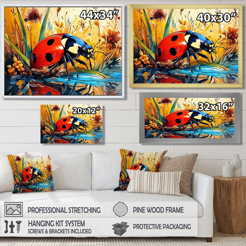 «Watercolor Ladybugs Dreamy Garden II - Ladybug», reproduction sur toile, H 16 po x l 32 po, Blanc