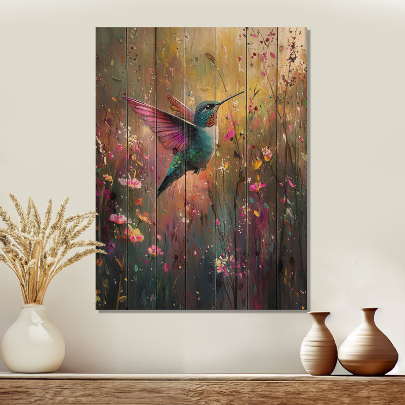 Hummingbird In The Spring Forest - Bird Wood Wall Art - On Natural Pine Wood, 40" H x 30" W x 0.78" D