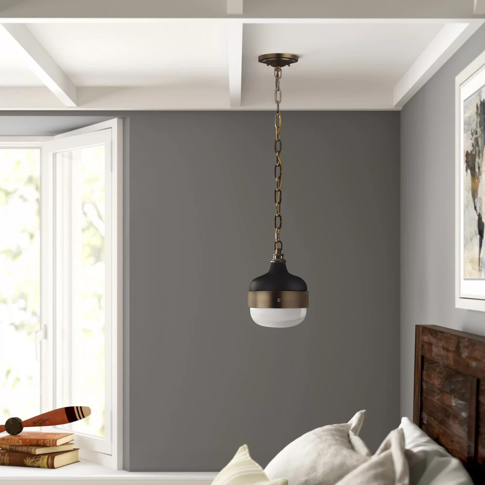 Tulane Single Dimmable Pendant, Dark Antique Brass / Matte Black, 10.875" H x 8" W x 8"D