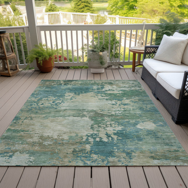 Tapis bleu sarcelle lavable à la machine intérieur / extérieur Xhevrie, Rectangle 10 pi x 14 pi