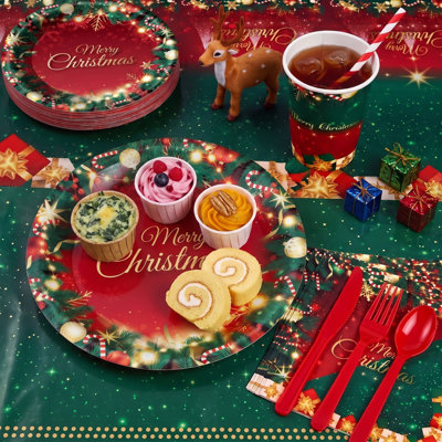 Fournitures de fête de Noël 468PCS pour 50 invités, assiettes en papier 9 pouces et 7 pouces avec tasses, serviettes, couverts, paille, ballons, rouge, or vert