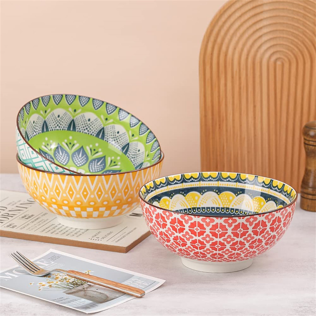 Large Ceramic Ramen Bowl Set Of 2, Microwave Bowl Set For Kitchen