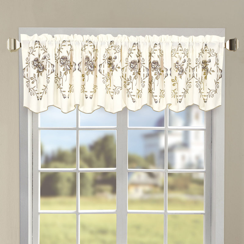 Floral Embroidery Scalloped 60.00'' Window Valance, Taupe